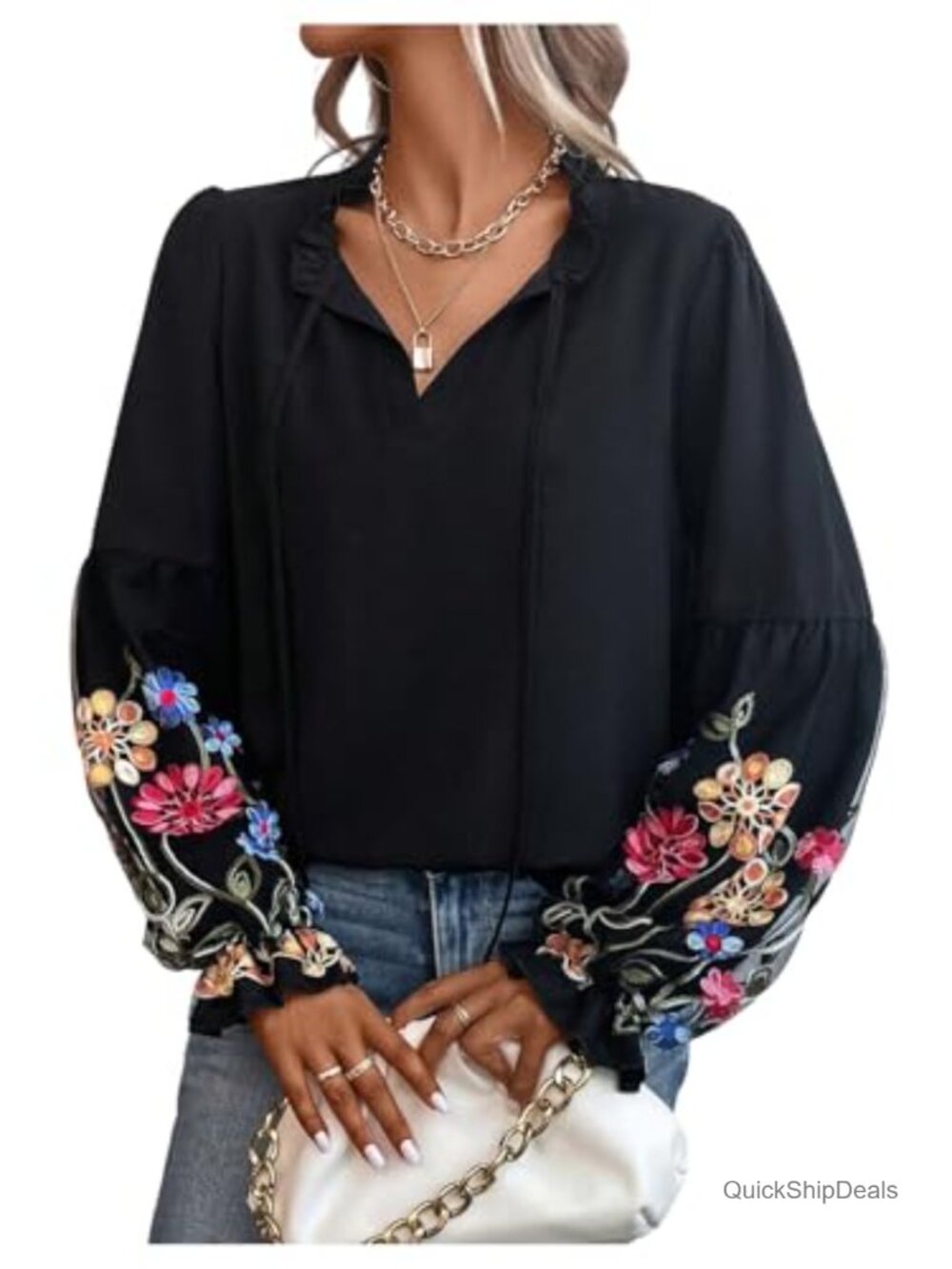 Floral Embroidered Peasant Blouse Tie Neck Lantern Sleeve Dressy Casual Top